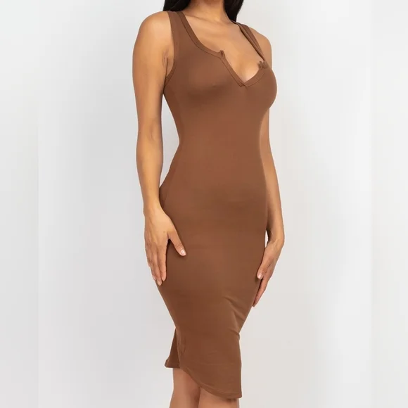 𝅺Brown Split Neck Tank Mini Dress - Picture 3 of 5